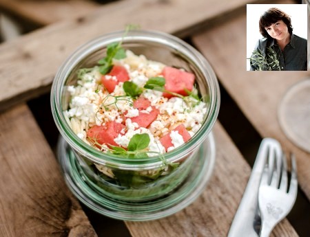 Recette de cuisine facile : Salade fraicheur aux pates langue d&rsquo;oiseau, feta et pasteque