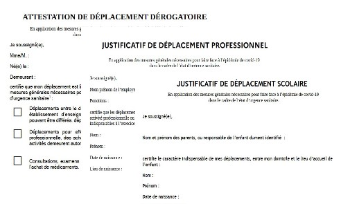 ICI, VOS ATTESTATIONS DEROGATOIRES A TELECHARGER pour circuler pendant le reconfinement (et une synthese des autorisations)
